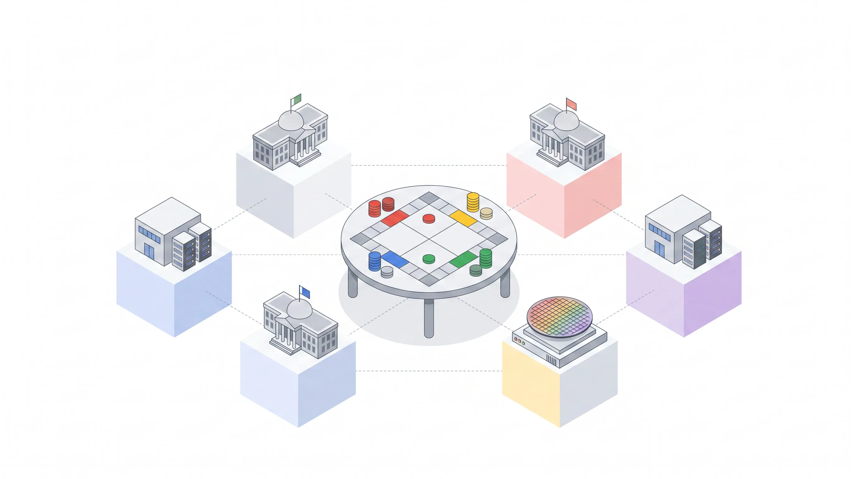 Isometric illustration of governments, AI organizations and compute infrastructure arranged around a central strategic game board.