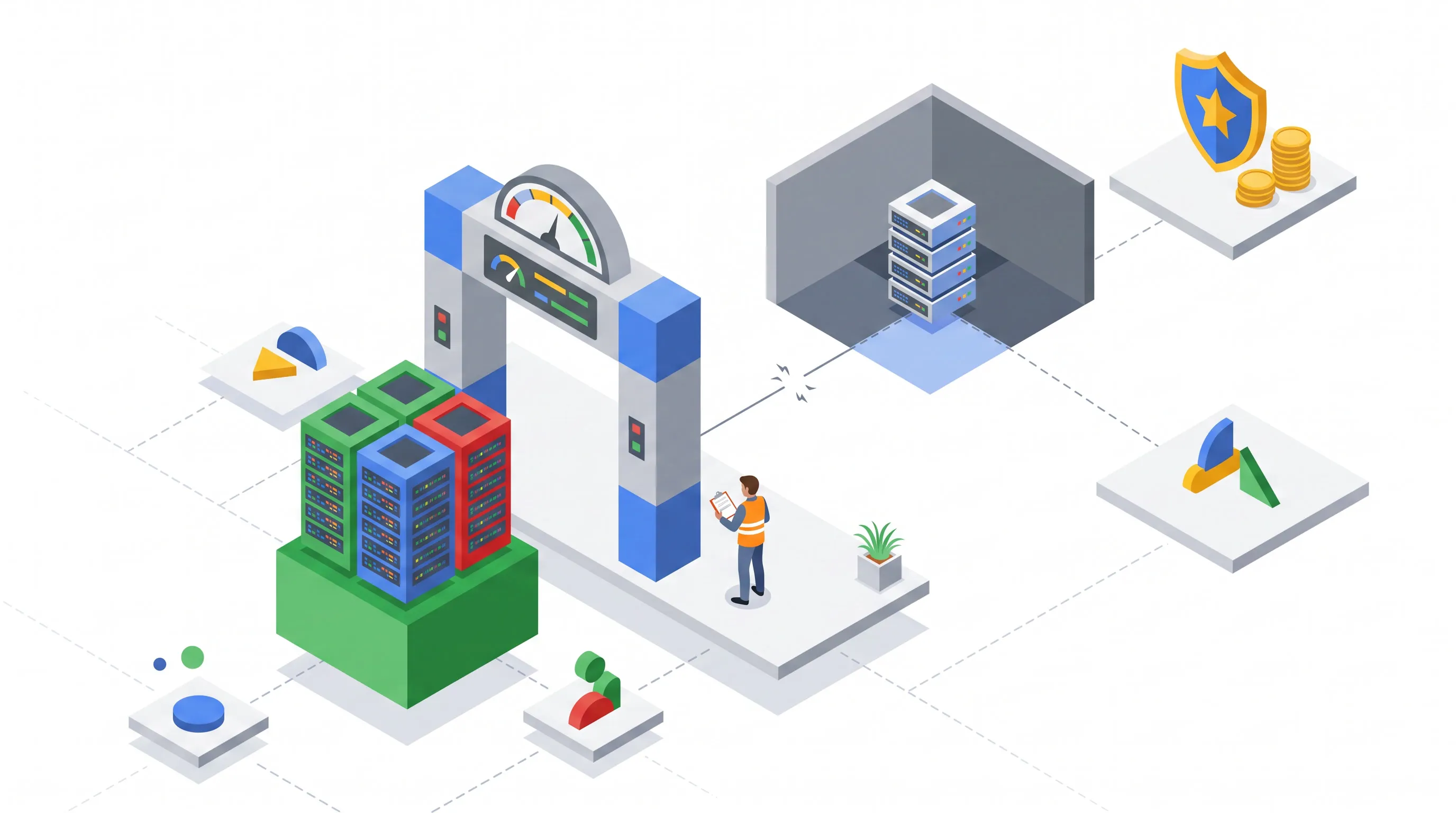 Isometric illustration of data-centre infrastructure passing through monitoring and control systems with regulatory and security symbols.