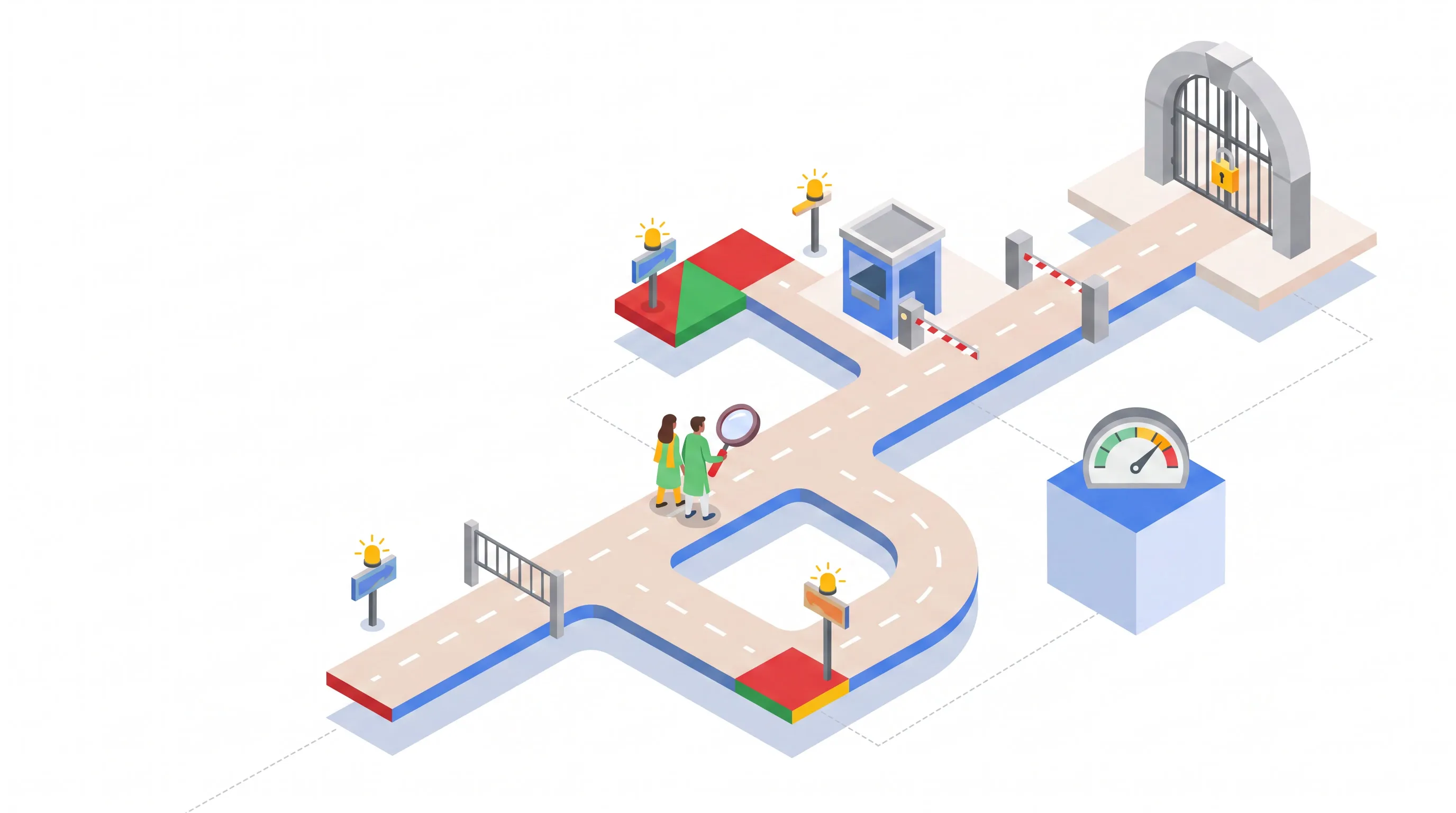 Isometric illustration of a branching roadway containing monitoring points, gates, warning signals and controlled pathways.